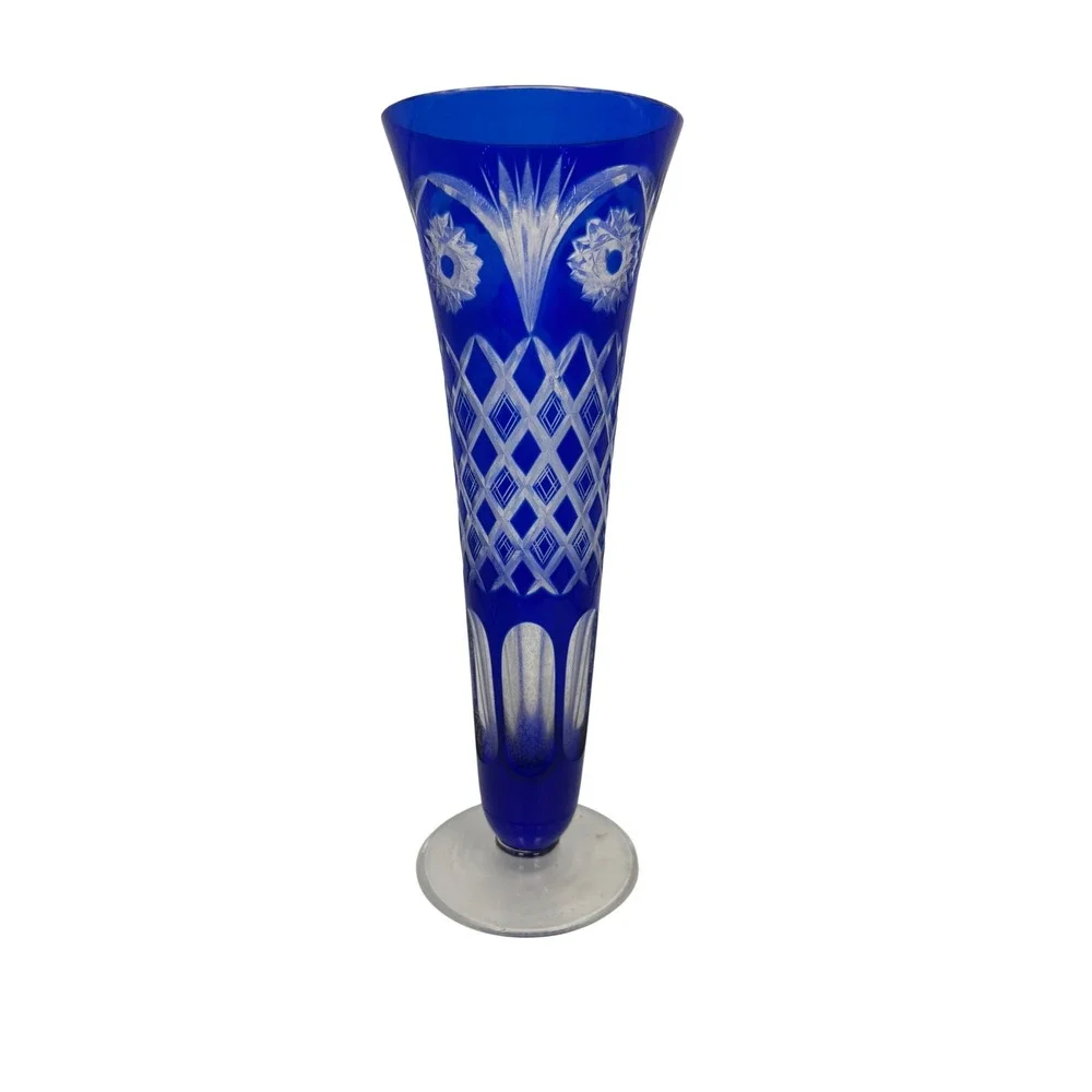 Edo Kiriko Japanese Cut Glass Flower Vessel Cobalt Blue Trumpet Vase‎ Japan